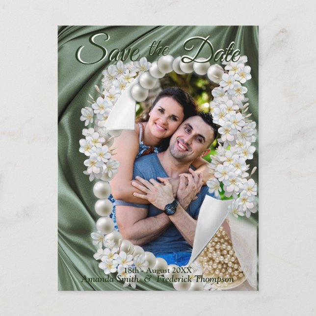 Leaf Green Silk  & Ivory Pearls Save the Date Announcement Postcard (Front)