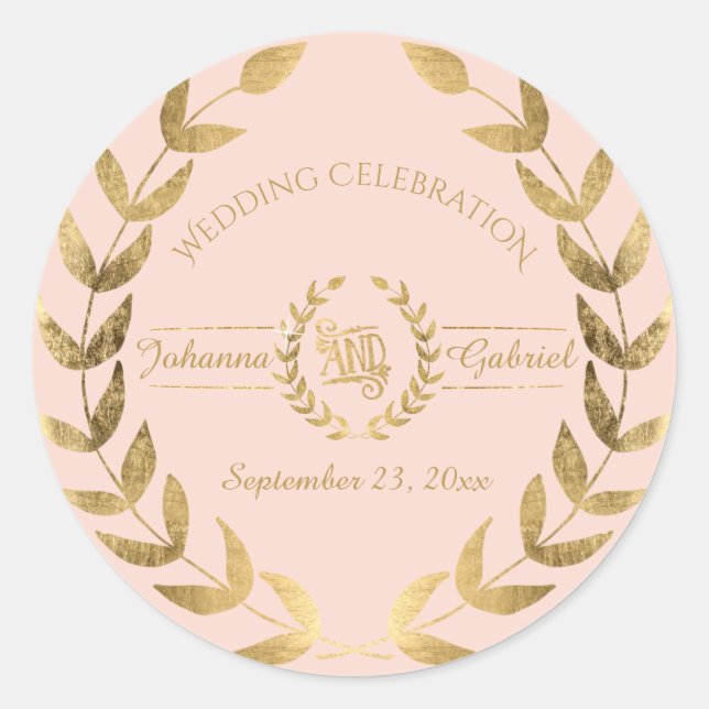 Leaf Greenery Wreath Pink Gold Wedding Celebration Classic Round Sticker (Front)