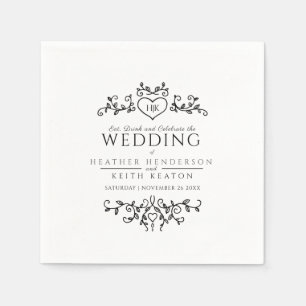 Leaf heart art monogram black and white wedding napkin
