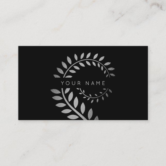 Leaf Laurel Fern Botanic Silver Serpentine Black Business Card (Front)