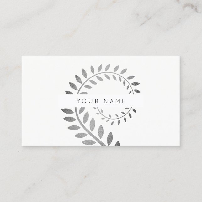 Leaf Laurel Fern Botanic Silver Serpentine White Business Card (Front)