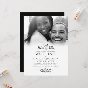 Leaf line art heart monogram black wedding photo i invitation