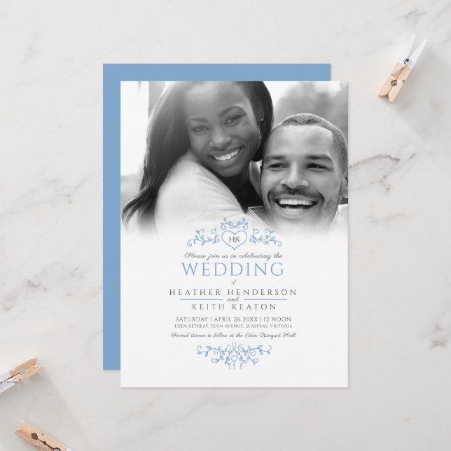 Leaf line art heart monogram blue wedding photo invitation (Front/Back In Situ)