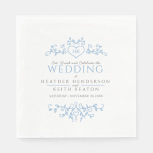 Leaf line art heart monogram blue white wedding napkin