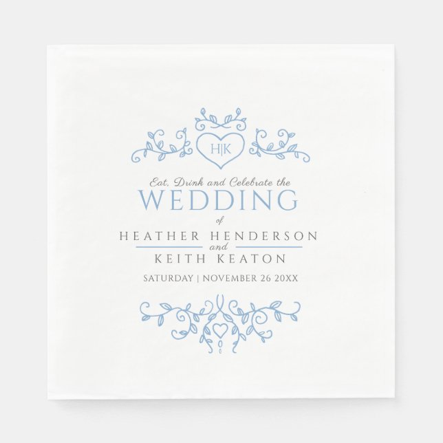 Leaf line art heart monogram blue white wedding  napkin (Front)