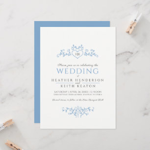 Leaf line art heart monogram light blue wedding invitation