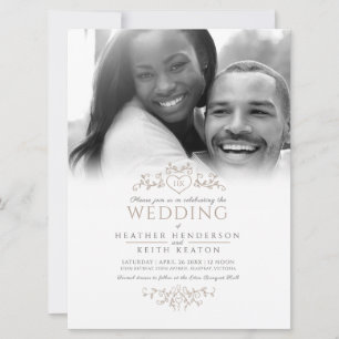 Leaf line art heart monogram tan wedding photo inv invitation