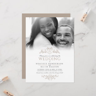 Leaf line art heart monogram tan wedding photo invitation