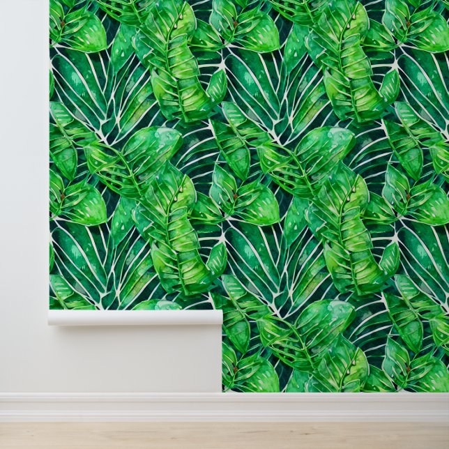 Leaf lush evergreen seamless tropical jungle chic wallpaper (Application)