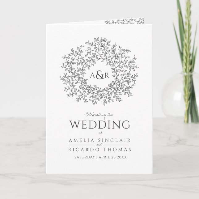 Leaf monogram art dark grey white wedding program programme (Front)