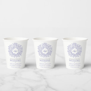 Leaf monogram art wedding white peri blue purple paper cups