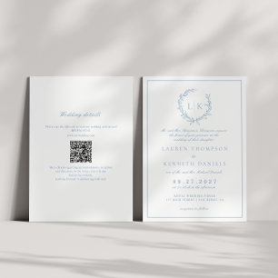 Leaf Monogram Crest Dusty Blue QR Code Wedding Invitation