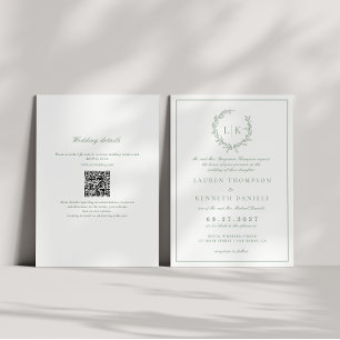 Leaf Monogram Crest Sage Green QR Code Wedding Invitation