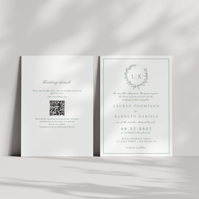 Leaf Monogram Crest Sage Green QR Code Wedding Invitation (Creator Uploaded)