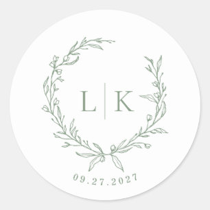 Leaf Monogram Sage Green Wedding Classic Round Sticker
