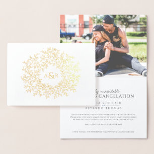 Leaf monogram wedding cancellation announcement
