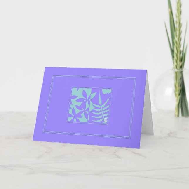 Leaf Motif Teal on Purple Horizontal Greeting Card (Front)