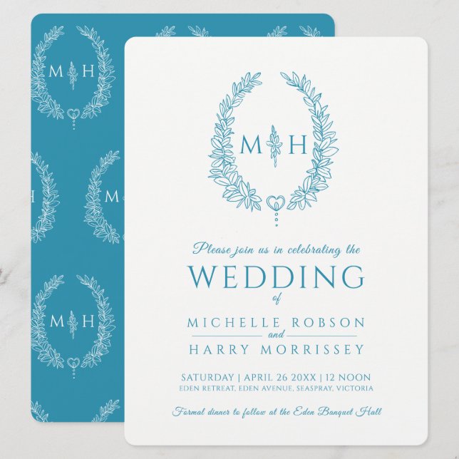 Leaf oval line art wedding aqua teal and white invitation (Front/Back)