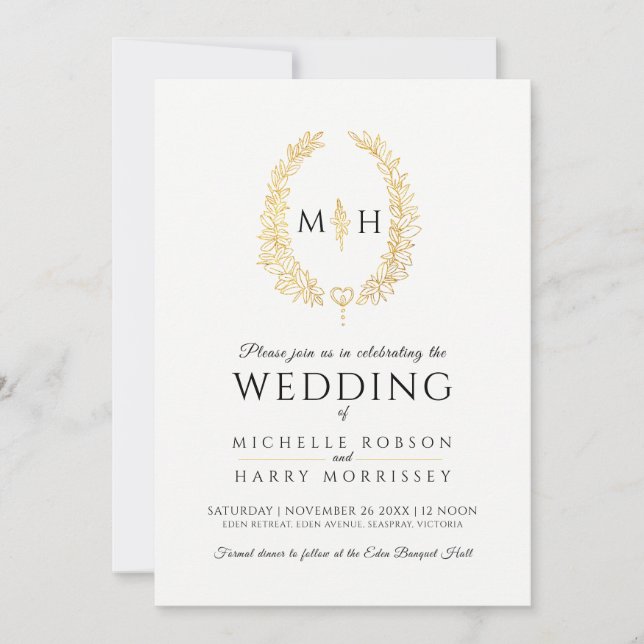 Leaf oval line art wedding black and gold on white invitation (Front)