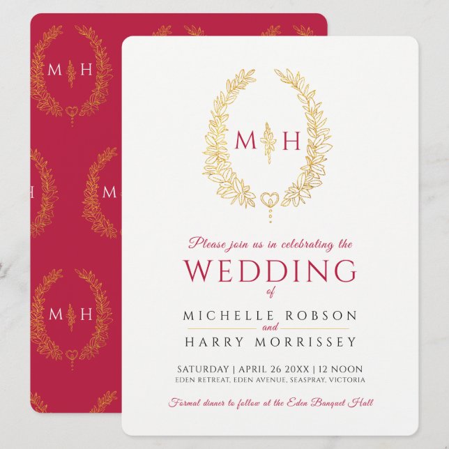 Leaf oval line art wedding black red gold on white invitation (Front/Back)