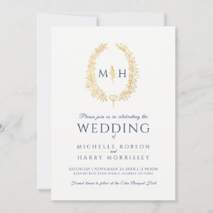 Leaf oval line art wedding dark blue gold white invitation