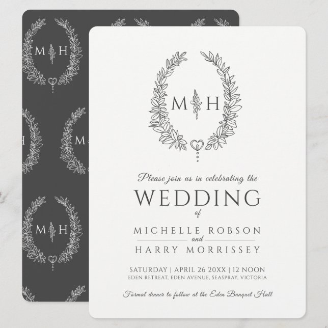 Leaf oval line art wedding dark grey and white invitation (Front/Back)
