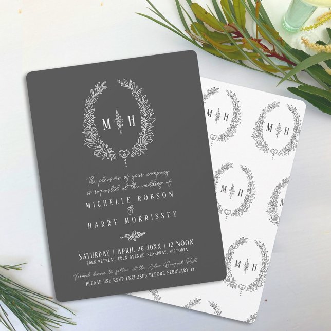 Leaf oval line art wedding dark grey and white  invitation (Creator Uploaded)