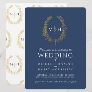 Leaf oval line art wedding gold navy blue white invitation