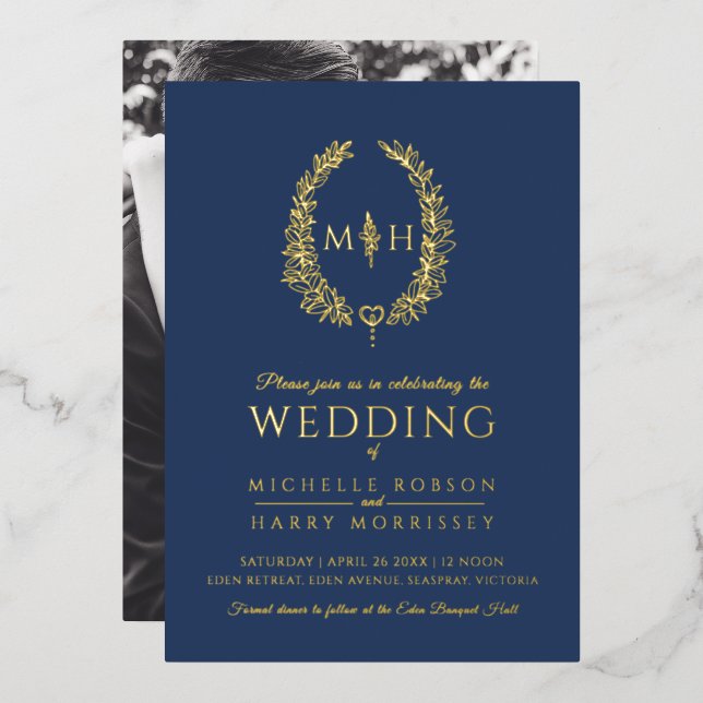 Leaf oval line art wedding navy blue and white (Front/Back)