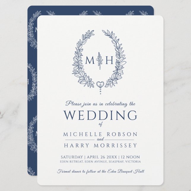 Leaf oval line art wedding navy blue and white invitation (Front/Back)