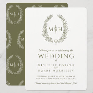 Leaf oval line art wedding olive green and white invitation