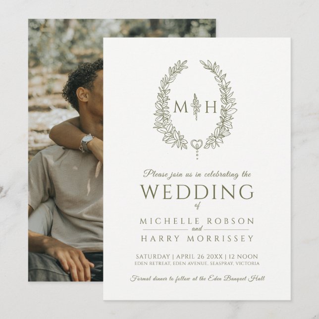 Leaf oval line art wedding olive green white photo invitation (Front/Back)