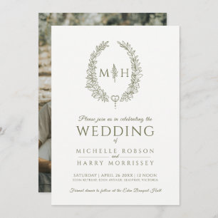 Leaf oval line art wedding olive green white photo invitation