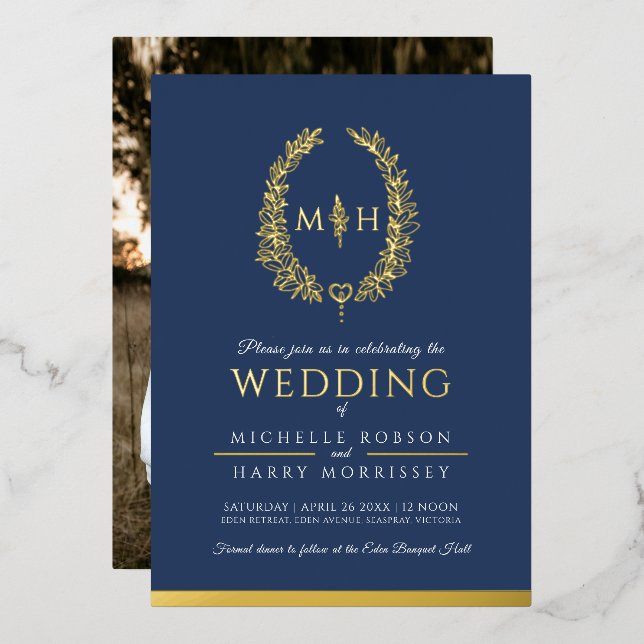 Leaf oval line art wedding photo dark blue gold (Front/Back)