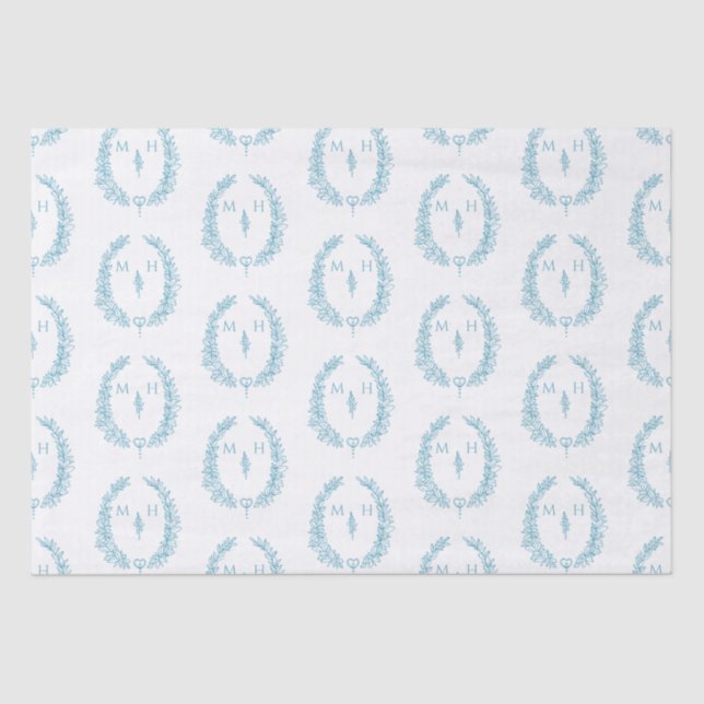 Leaf oval monogram drawing blue aqua white wedding tissue paper (Front)