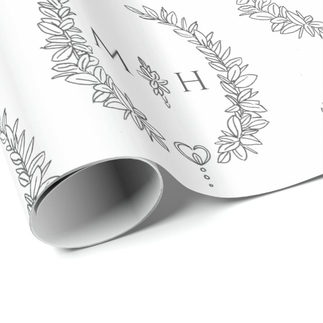Leaf oval monogram drawing dark grey on white wrapping paper (Roll Corner)
