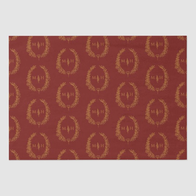 Leaf oval monogram drawing dark red gold wedding tissue paper (Front)