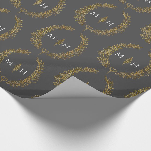 Leaf oval monogram drawing gold on dark grey wrapping paper (Corner)