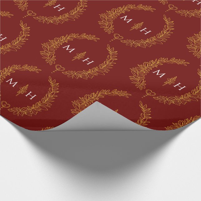 Leaf oval monogram drawing gold on dark red wrapping paper (Corner)