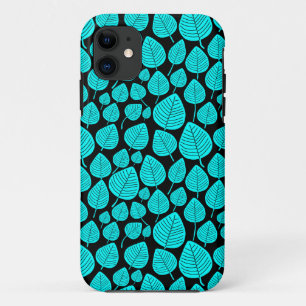 Leaf Pattern 02 - Cyan on Black iPhone 11 Case