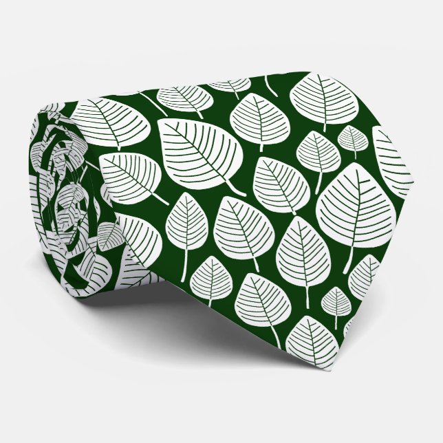 Leaf Pattern 02 - White on Dark Green Tie (Rolled)