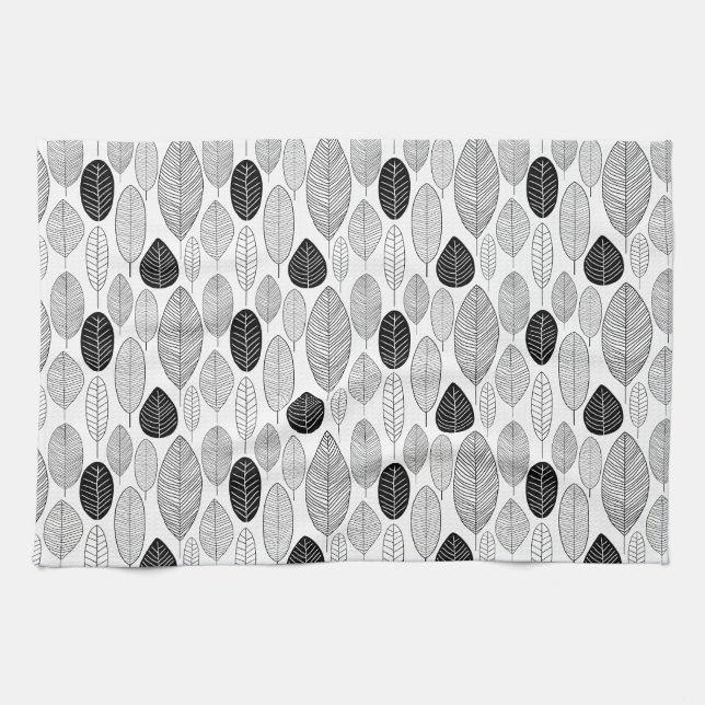 Leaf Pattern - Black on White Tea Towel (Horizontal)