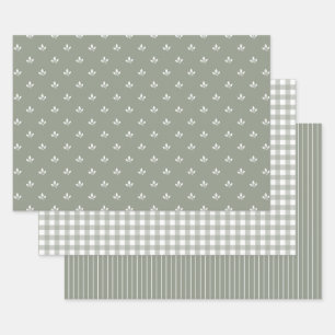Leaf Pattern Gingham and Stripes Dusky Green    Wrapping Paper Sheet