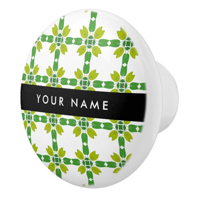 Leaf Pattern, Green Leaves, Your Name Ceramic Knob (Right)