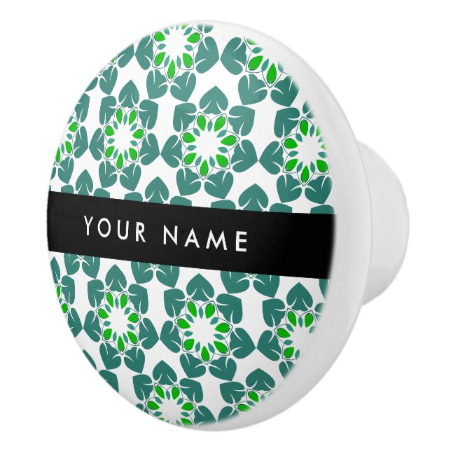 Leaf Pattern, Green Leaves, Your Name Ceramic Knob (Right)