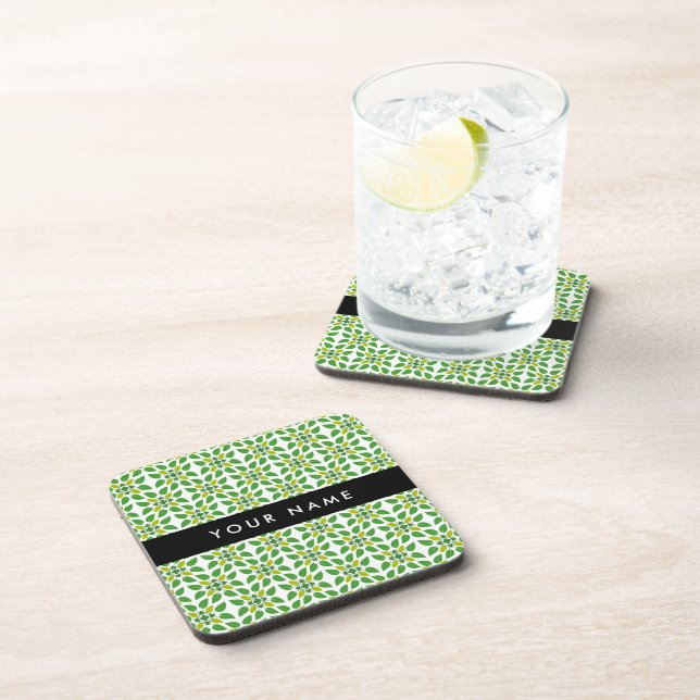 Leaf Pattern, Green Leaves, Your Name Coaster (Right Side)