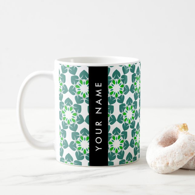 Leaf Pattern, Green Leaves, Your Name Coffee Mug (With Donut)