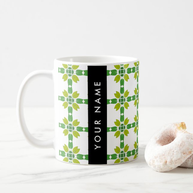 Leaf Pattern, Green Leaves, Your Name Coffee Mug (With Donut)