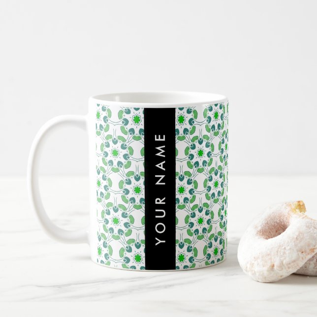 Leaf Pattern, Green Leaves, Your Name Coffee Mug (With Donut)
