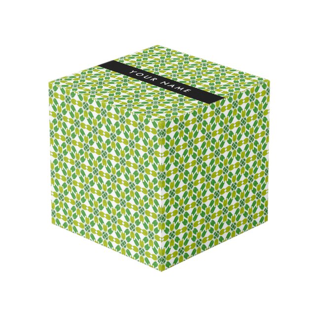 Leaf Pattern, Green Leaves, Your Name Cube (Front Angled)